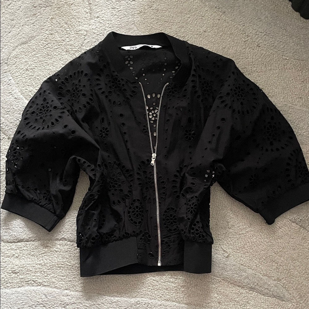 Zara Black Eyelet Bomber Jacket